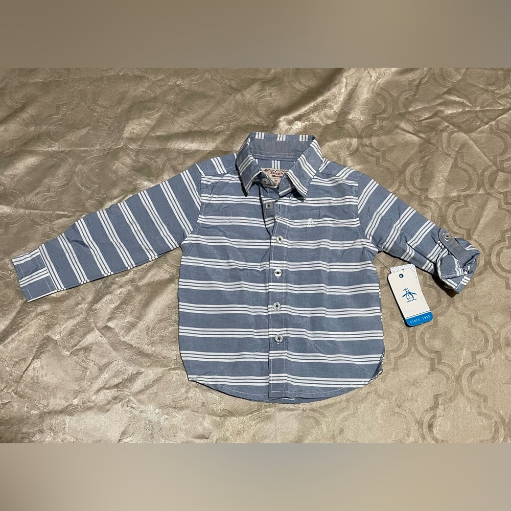NWT Original Penguin Kids Blue and White Striped Button Down Shirt